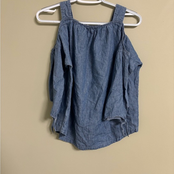 Madewell Size XXS Blue Indigo Cold Shoulder Top Tie Sleeves Linen Cotton Blend - Picture 2 of 8
